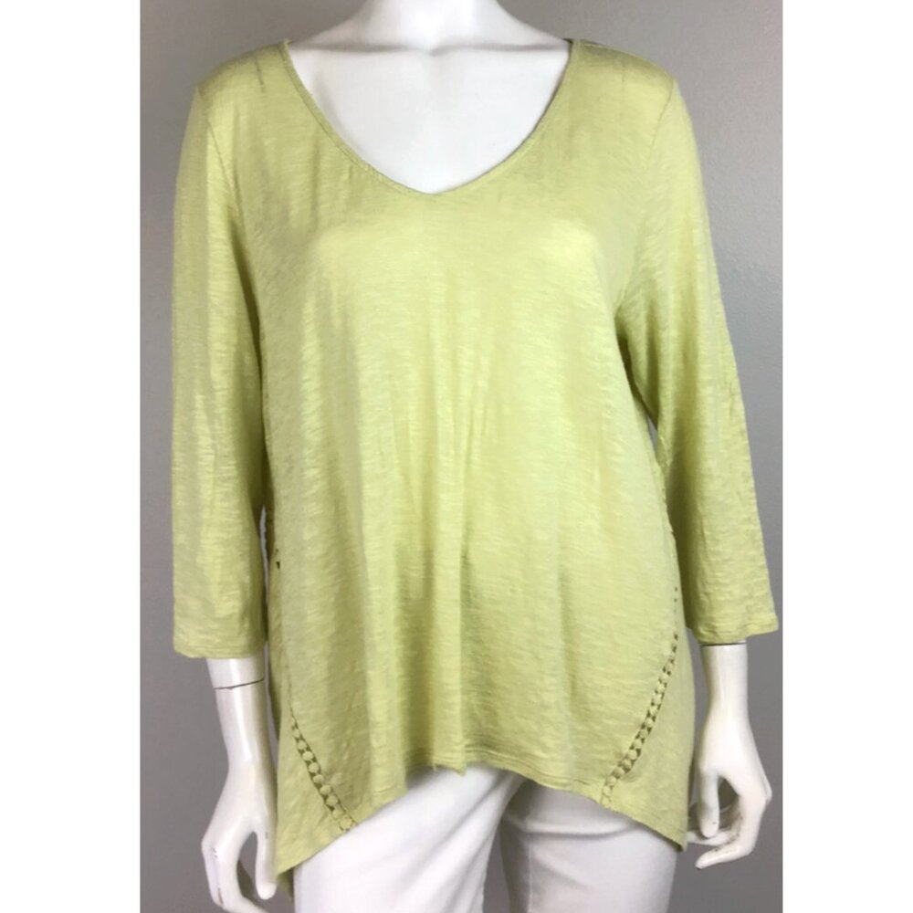 J. JILL Linen Blend Top Chartreuse Green V-Neck 3/4 Sleeve Crochet Asymmetrical